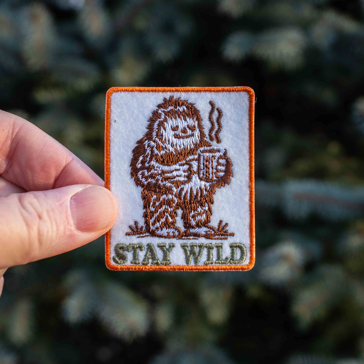 STAY WILD Sashquatch Bigfoot Drinking Coffee Patch - Iron On
