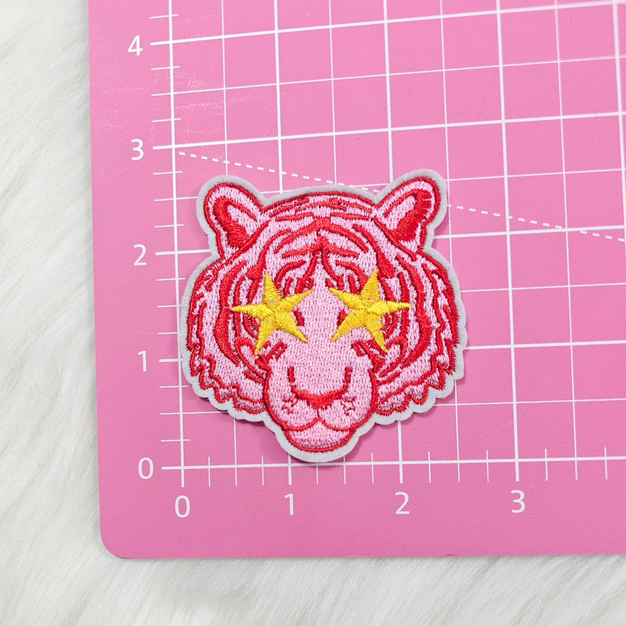 Small Pink Tiger Mascot with Star Eyes Embroidery Iron On Patch