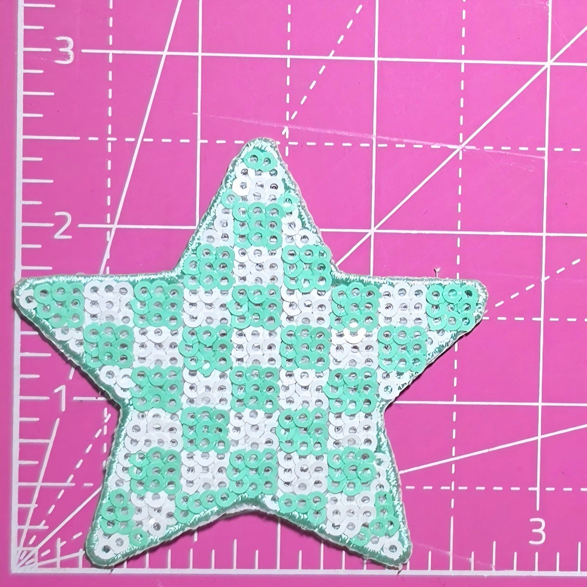 Checkered Star Small Minty Green White Sequin Iron On Patch