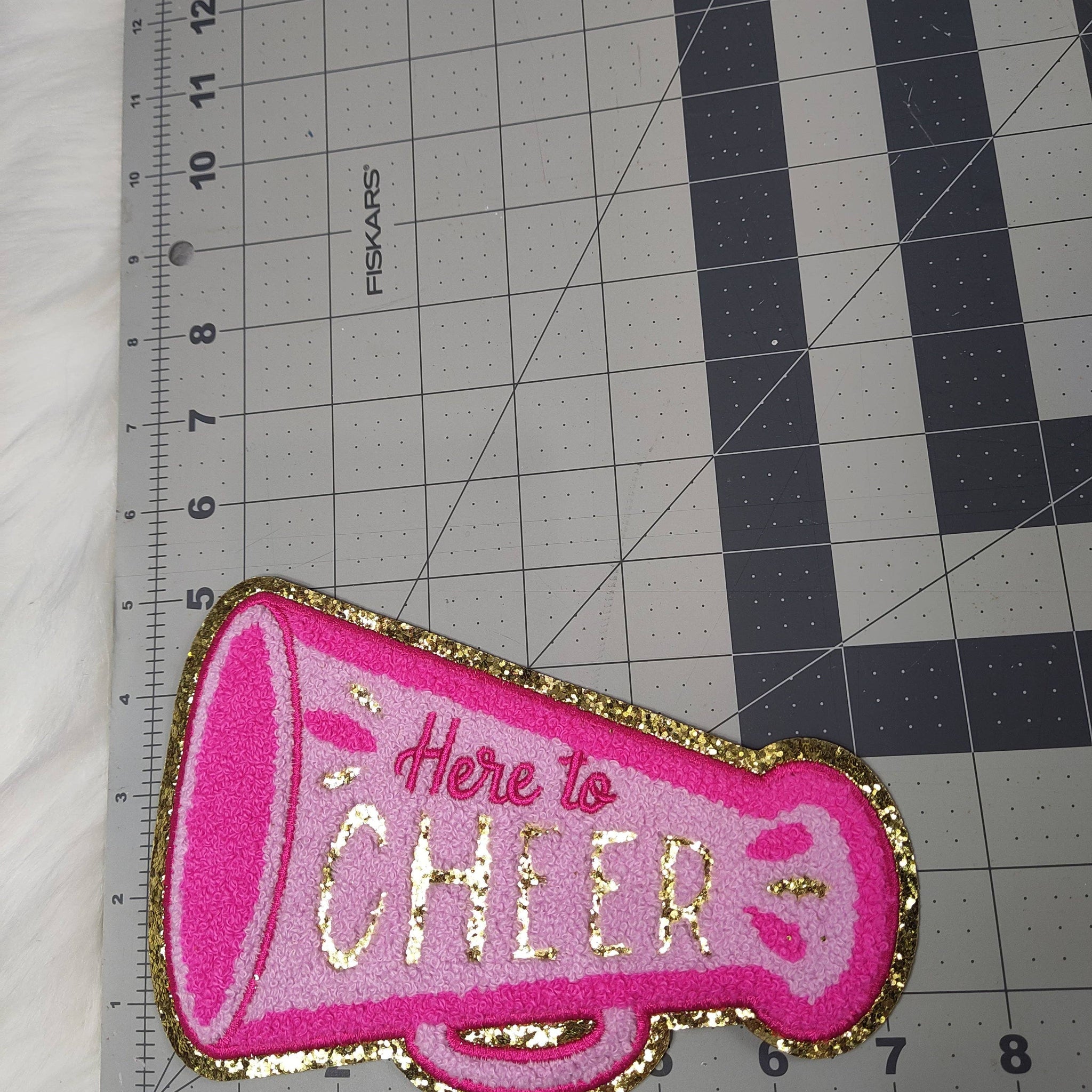 'Here to Cheer' Megaphone Pink Iron On Patch With Gold Glitter