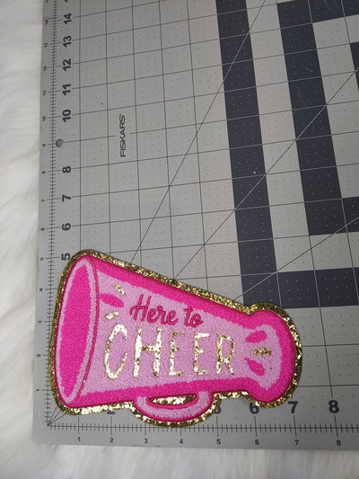 'Here to Cheer' Megaphone Pink Iron On Patch With Gold Glitter