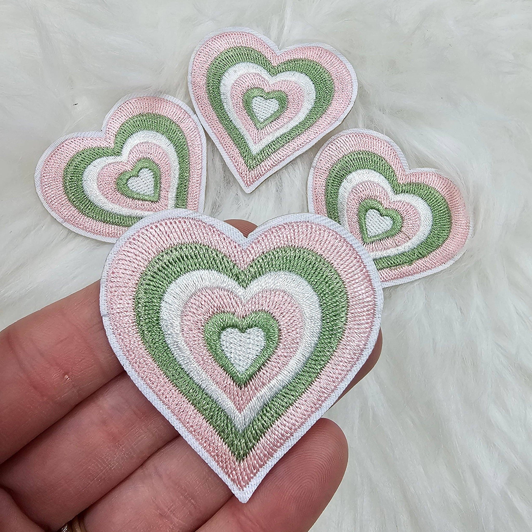 Pastel Green Pink and White Heart Embroidery Iron On Patches