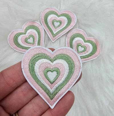 Pastel Green Pink and White Heart Embroidery Iron On Patches