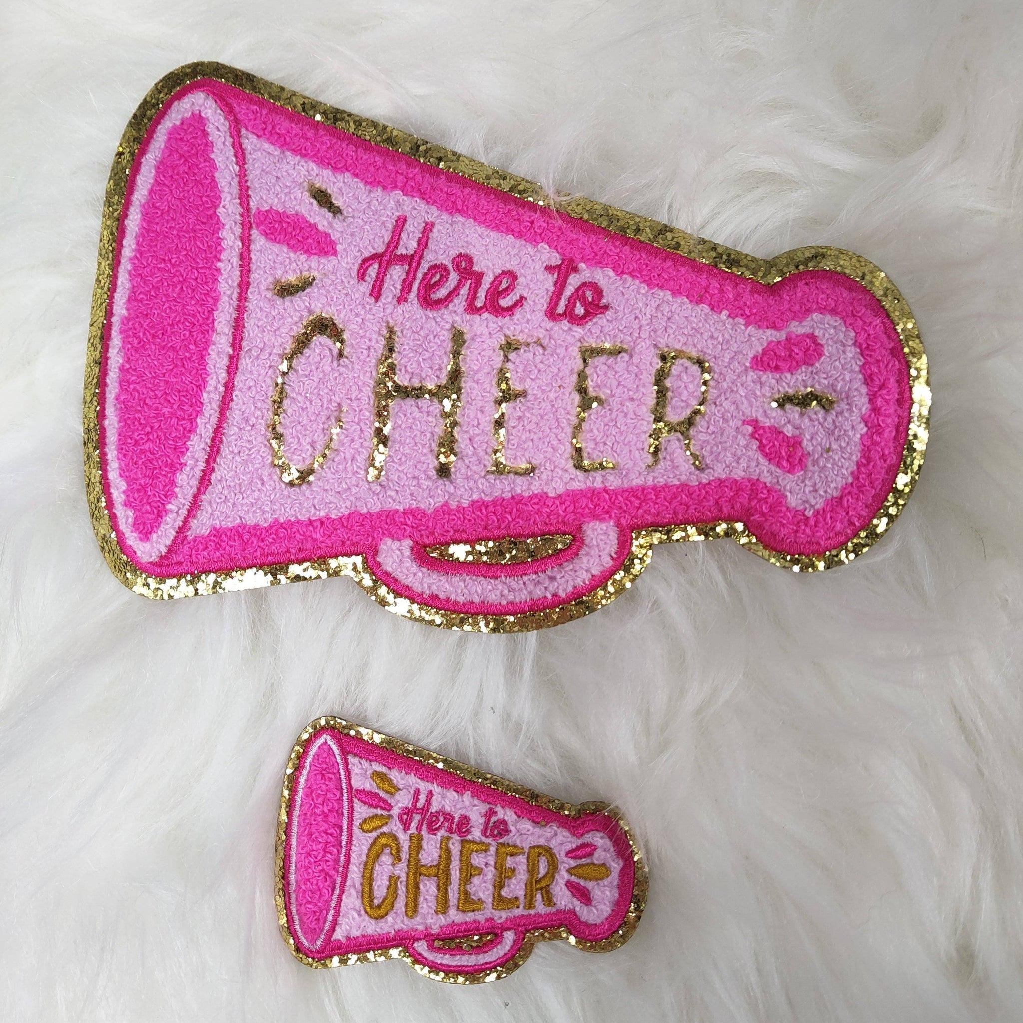 'Here to Cheer' Megaphone Pink Iron On Patch With Gold Glitter