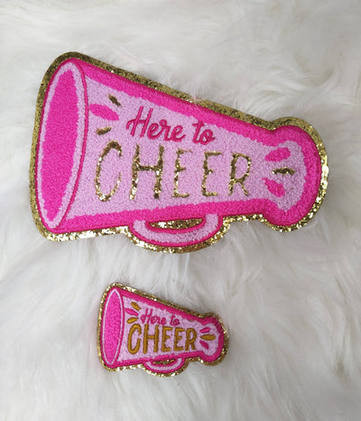 'Here to Cheer' Megaphone Pink Iron On Patch With Gold Glitter