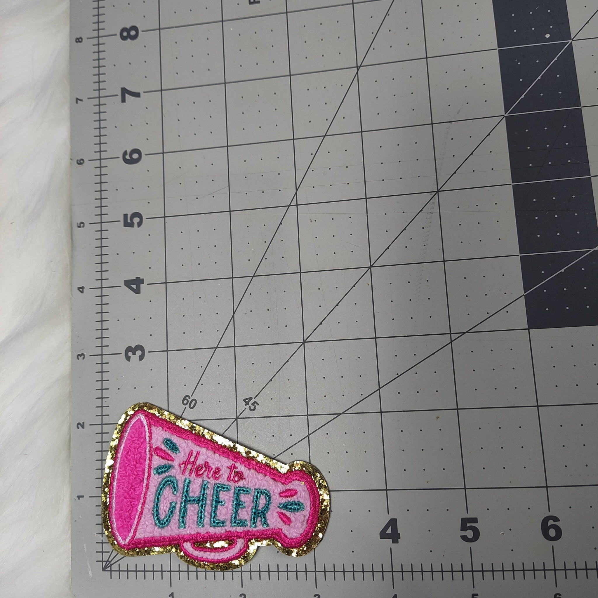 'Here to Cheer' Megaphone Pink Iron On Patch With Gold Glitter
