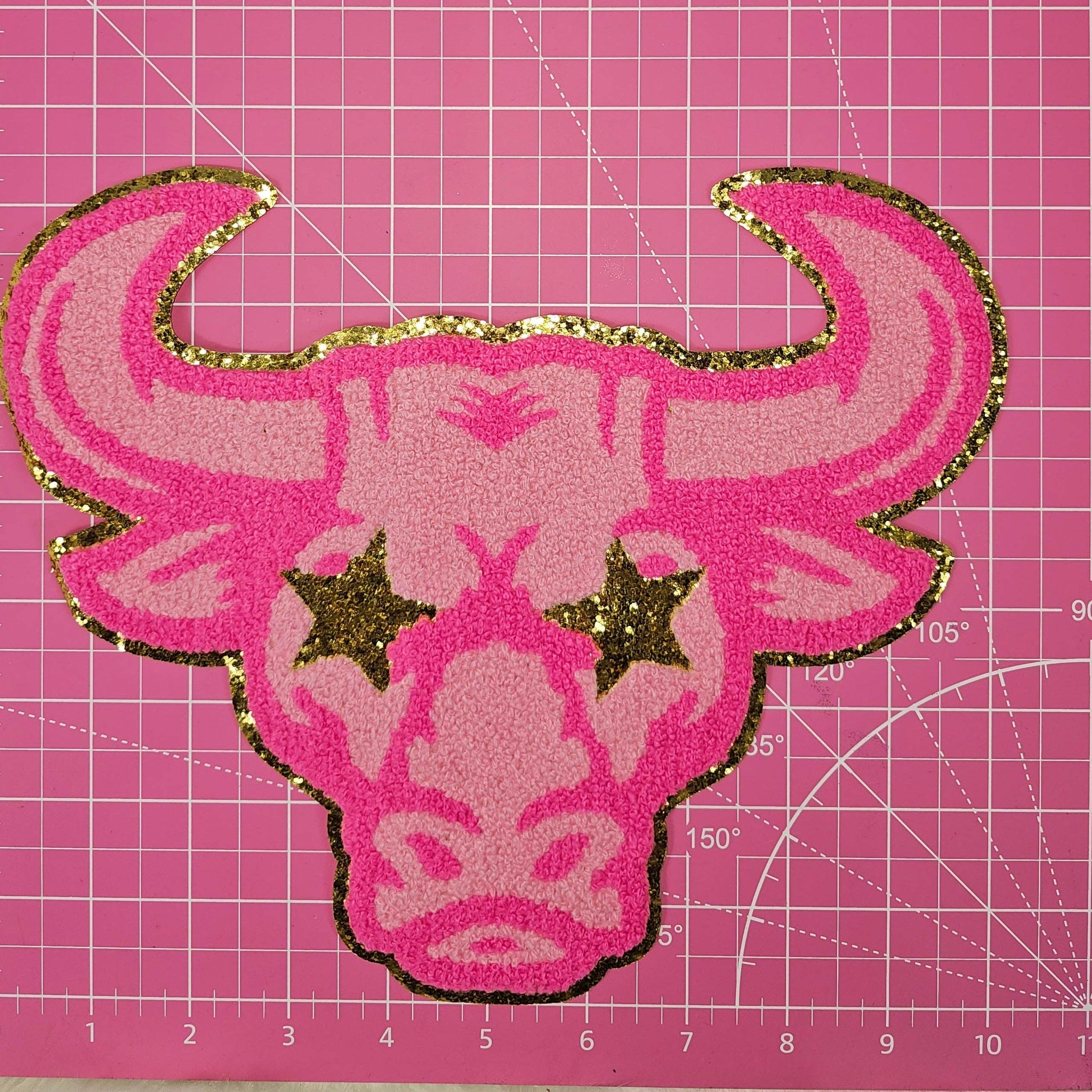 Hot Pink Bull Longhorn Cow Mascot with Gold Star Eyes Large