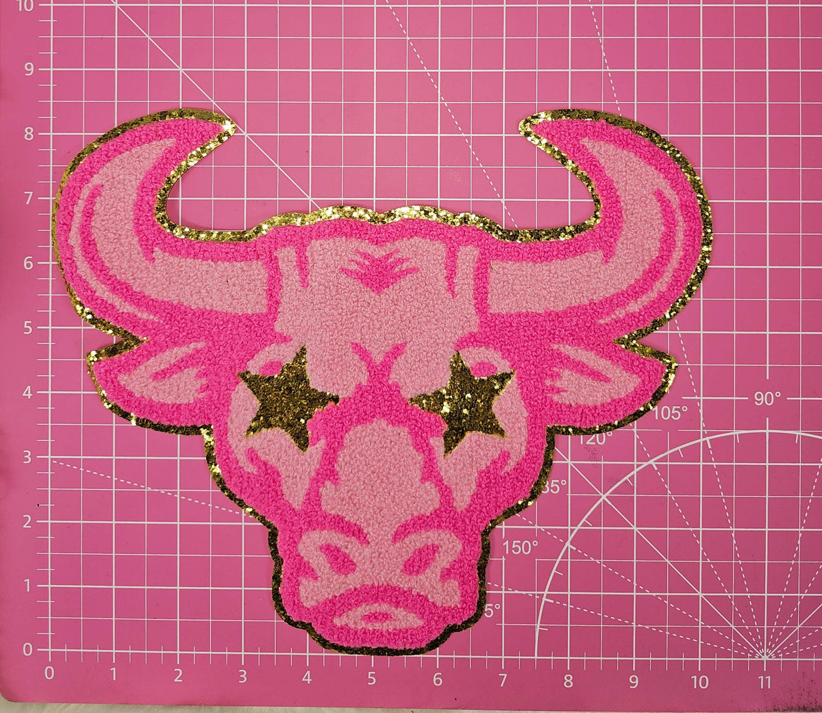 Hot Pink Bull Longhorn Cow Mascot with Gold Star Eyes Large