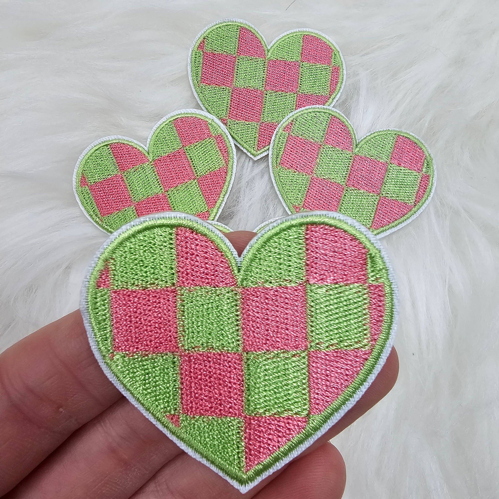 Checkered Green and Pink Heart Embroidery Iron On Patches