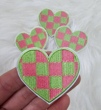 Checkered Green and Pink Heart Embroidery Iron On Patches