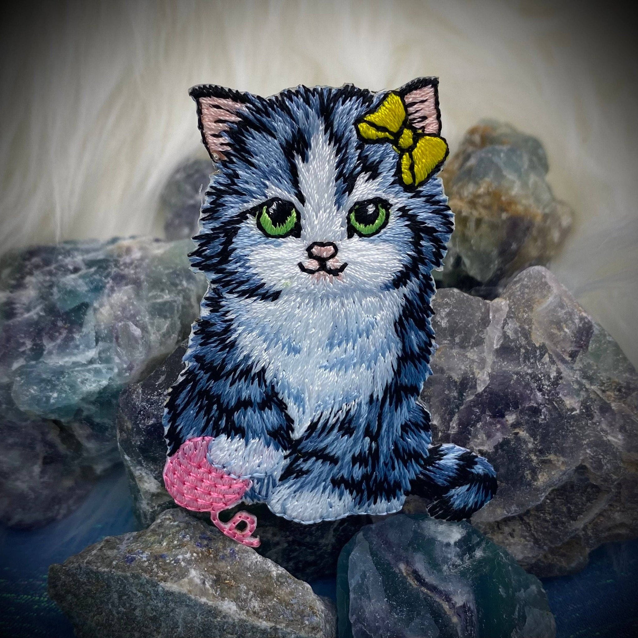 Cat with Pink Yarn Ball, Embroidered, Iron-on Patch