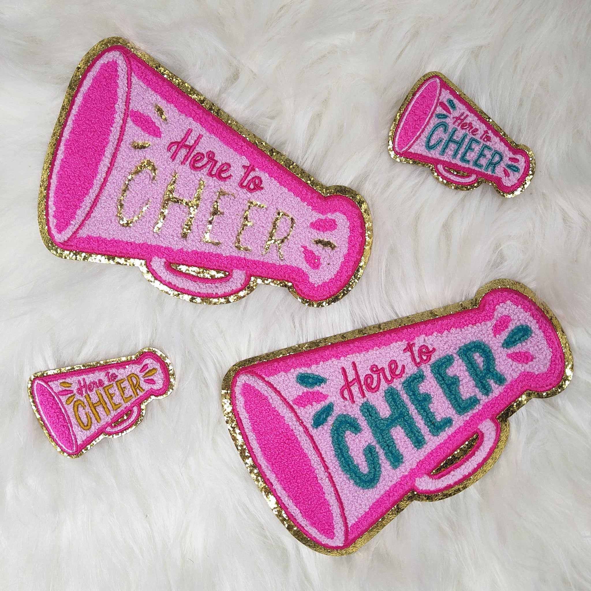 'Here to Cheer' Megaphone Pink Iron On Patch With Gold Glitter