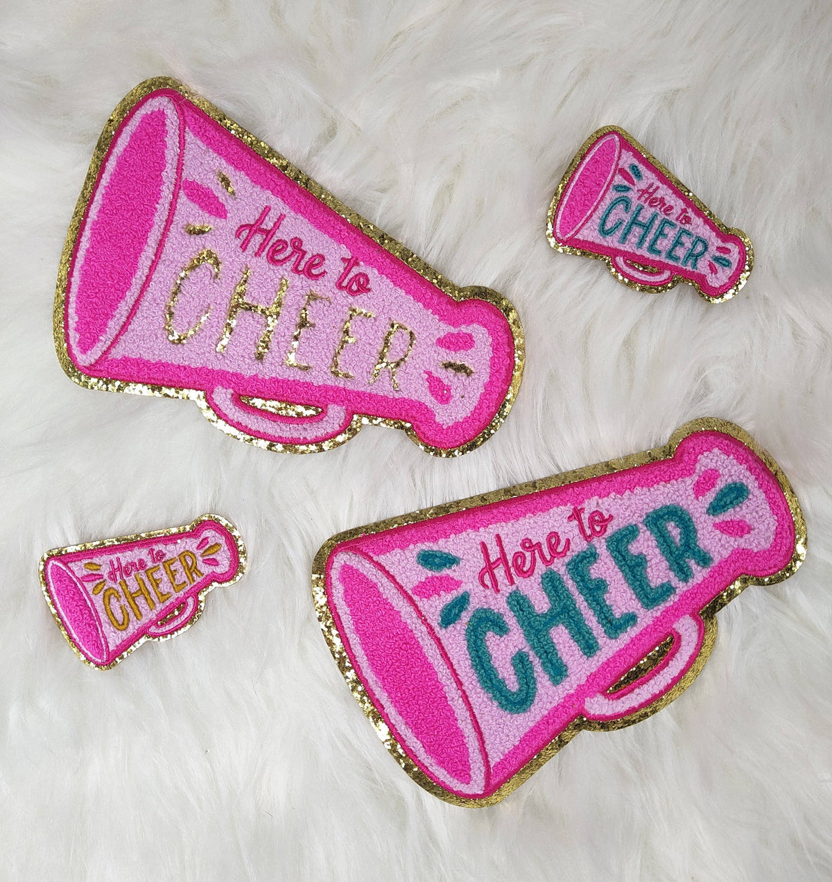'Here to Cheer' Megaphone Pink Iron On Patch With Gold Glitter