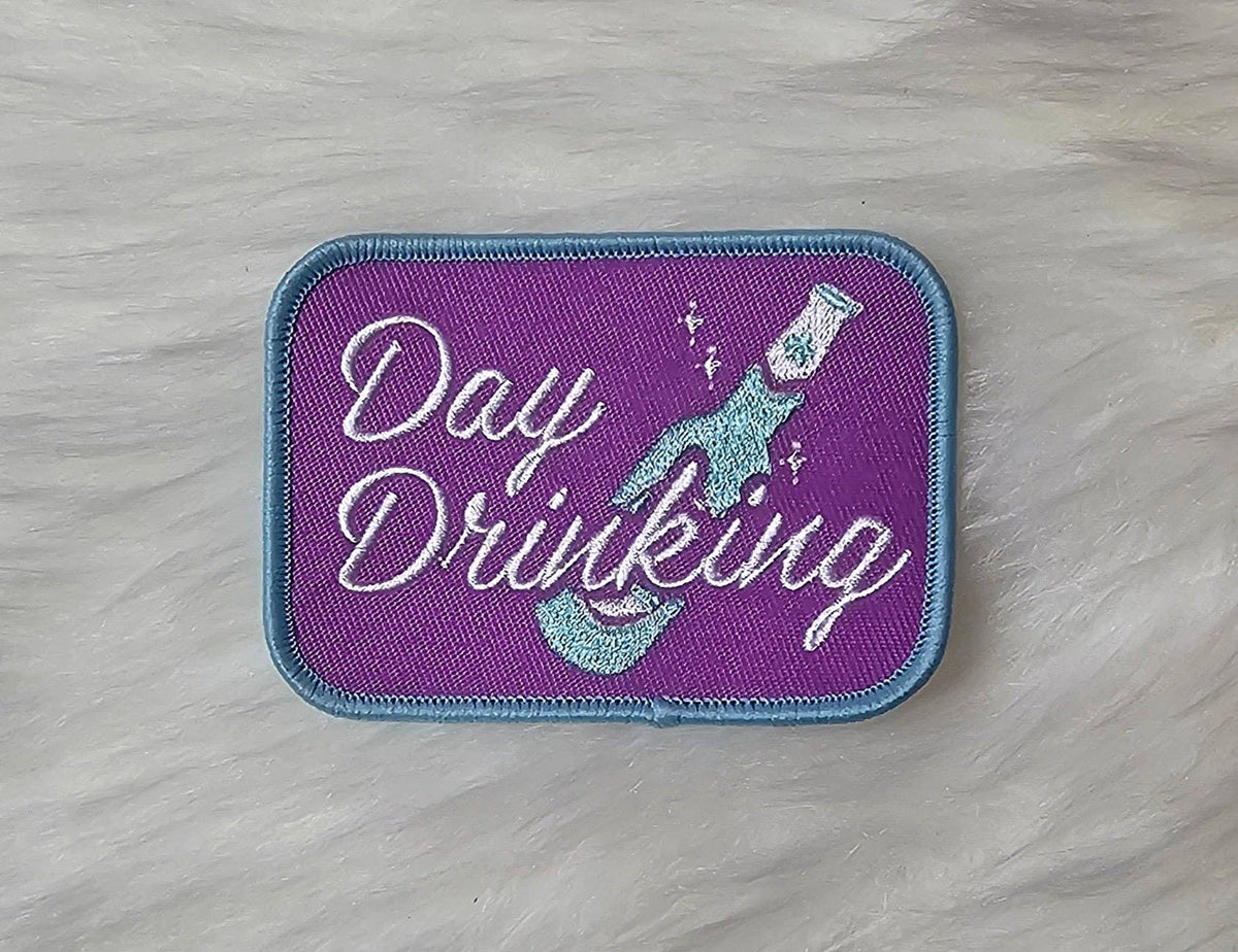 'Day Drinking' Champagne Bottle Purple and Blue Embroidery Iron On Patch