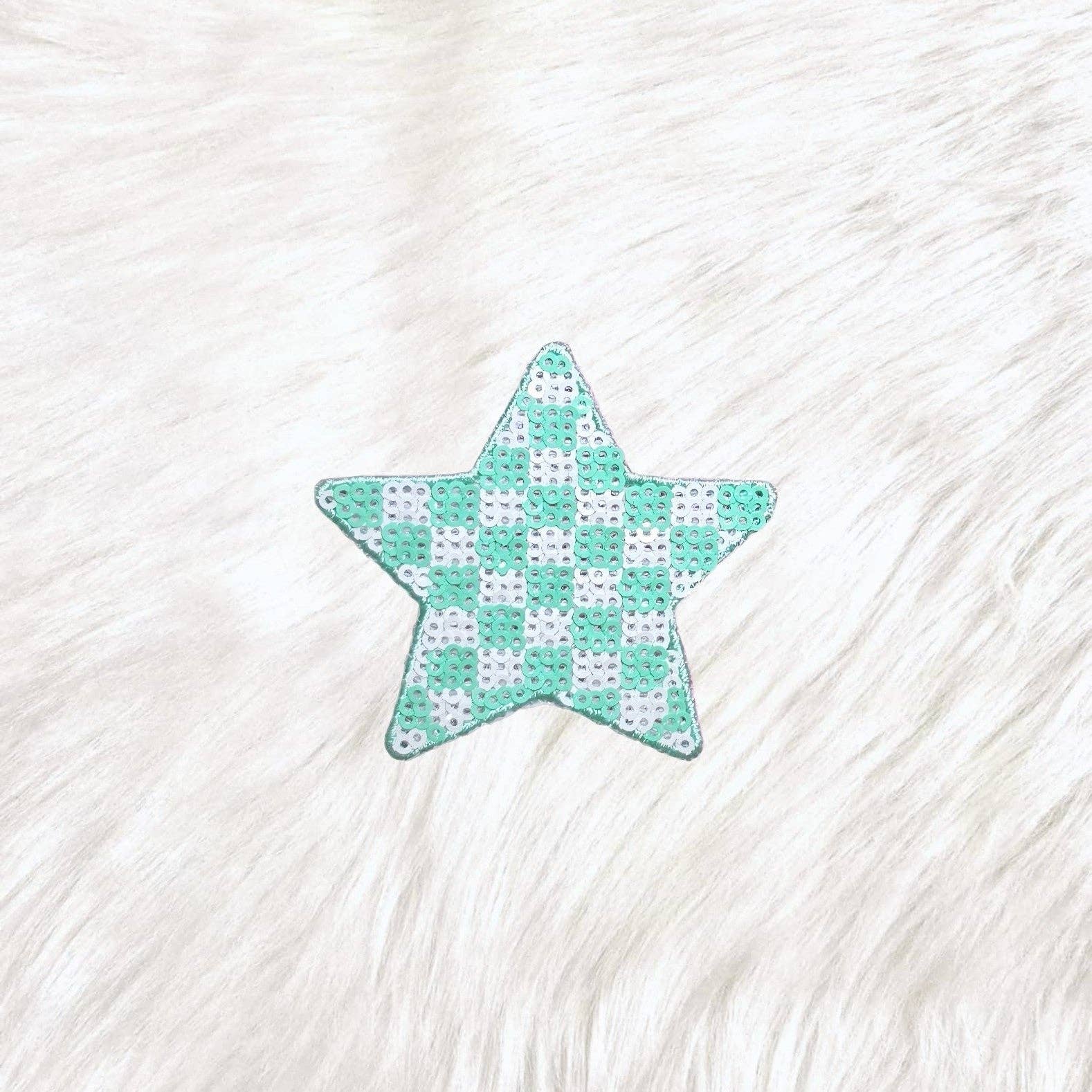 Checkered Star Small Minty Green White Sequin Iron On Patch
