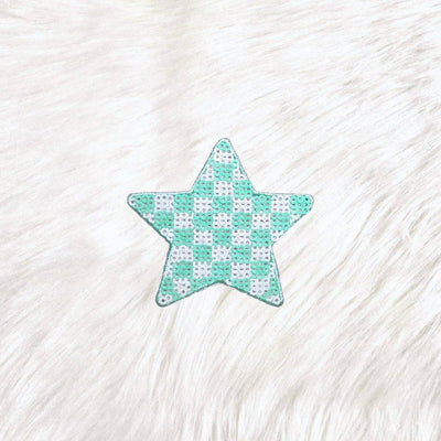 Checkered Star Small Minty Green White Sequin Iron On Patch
