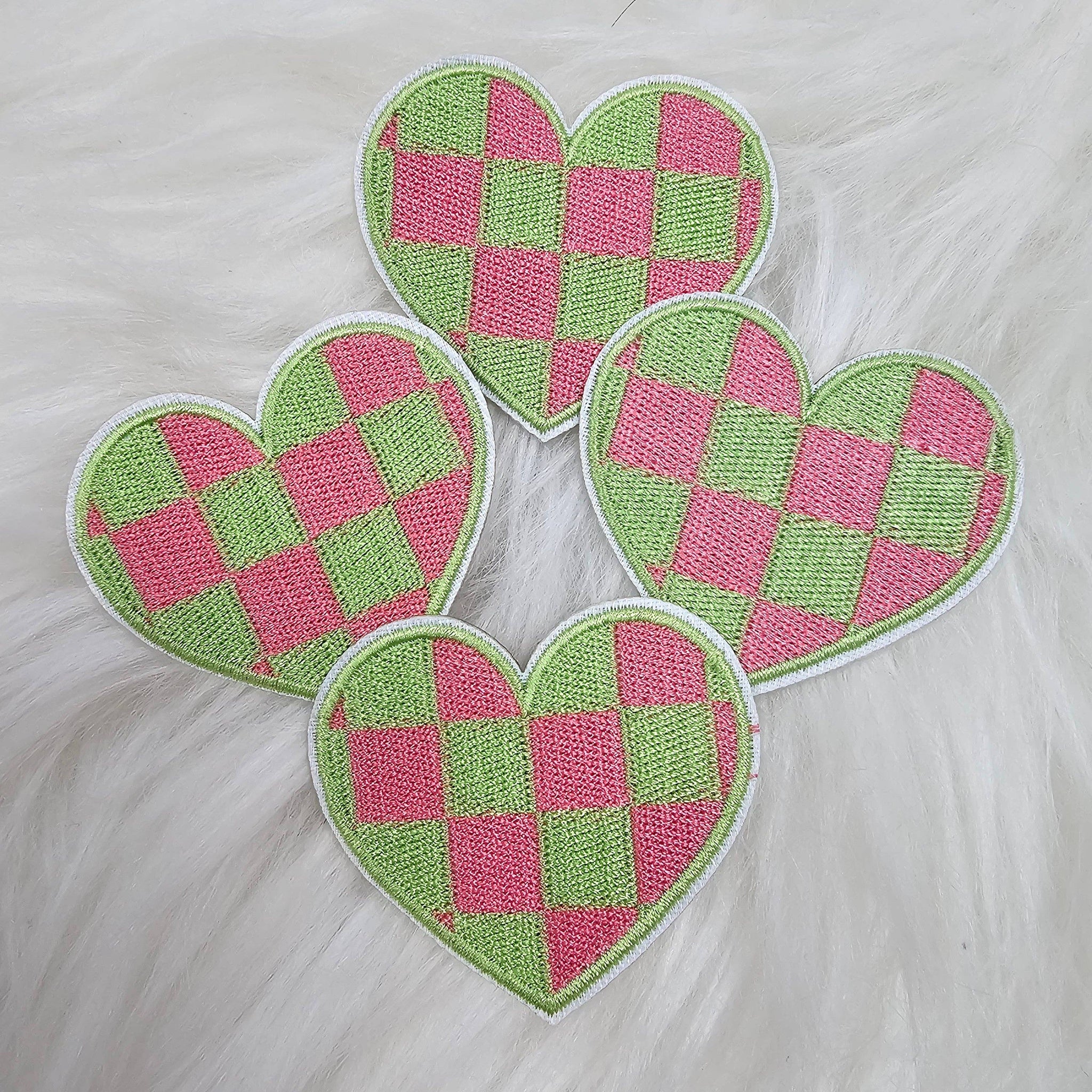 Checkered Green and Pink Heart Embroidery Iron On Patches