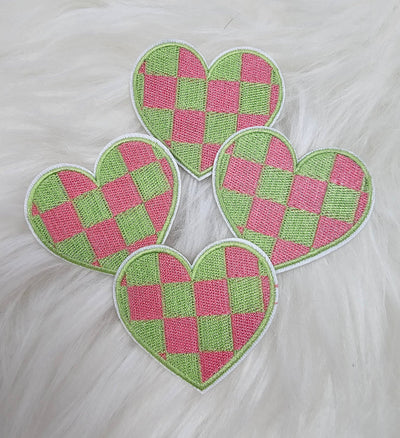 Checkered Green and Pink Heart Embroidery Iron On Patches