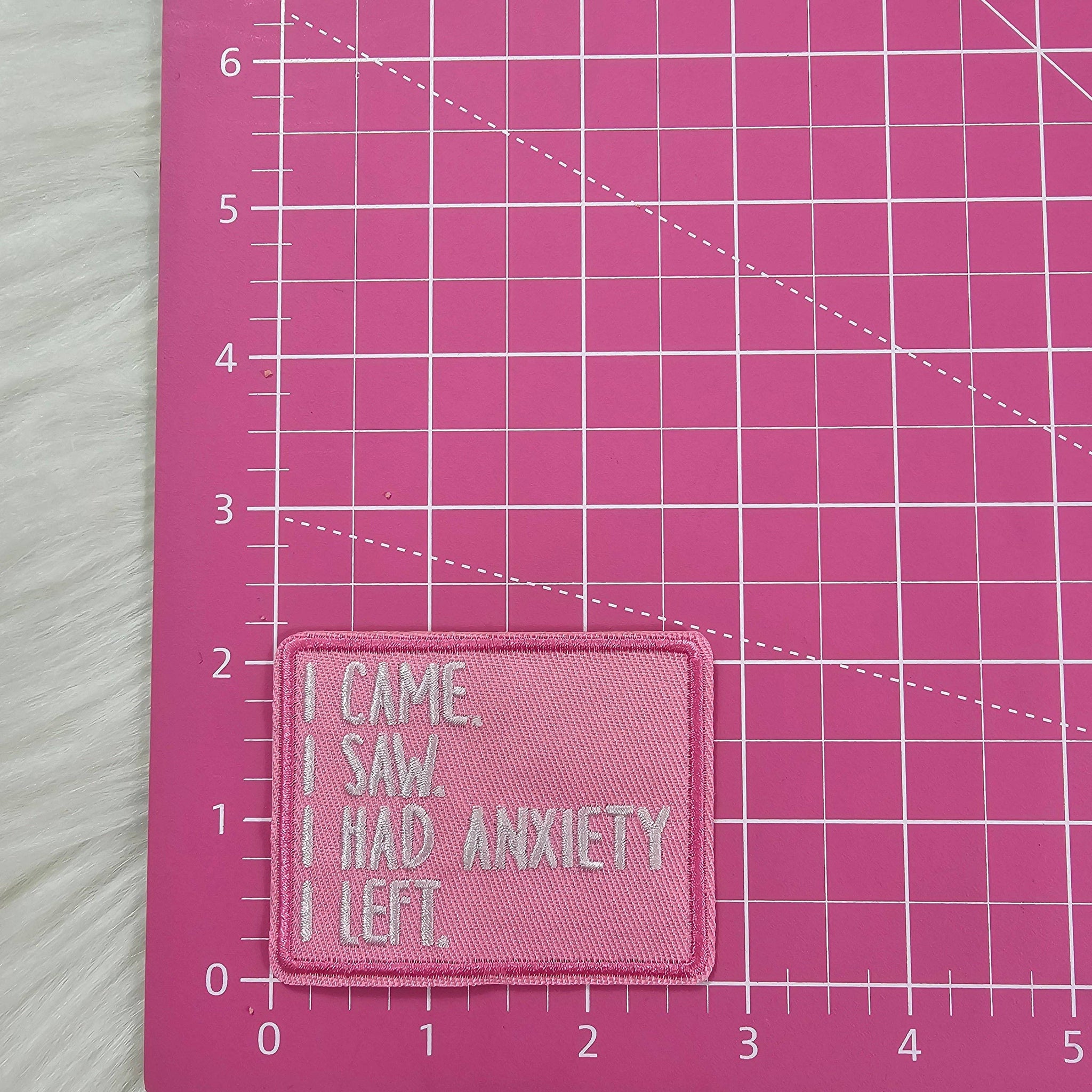 'I came. I saw. I had anxiety. I left.' Pink Woven Embroidery Iron On Patch