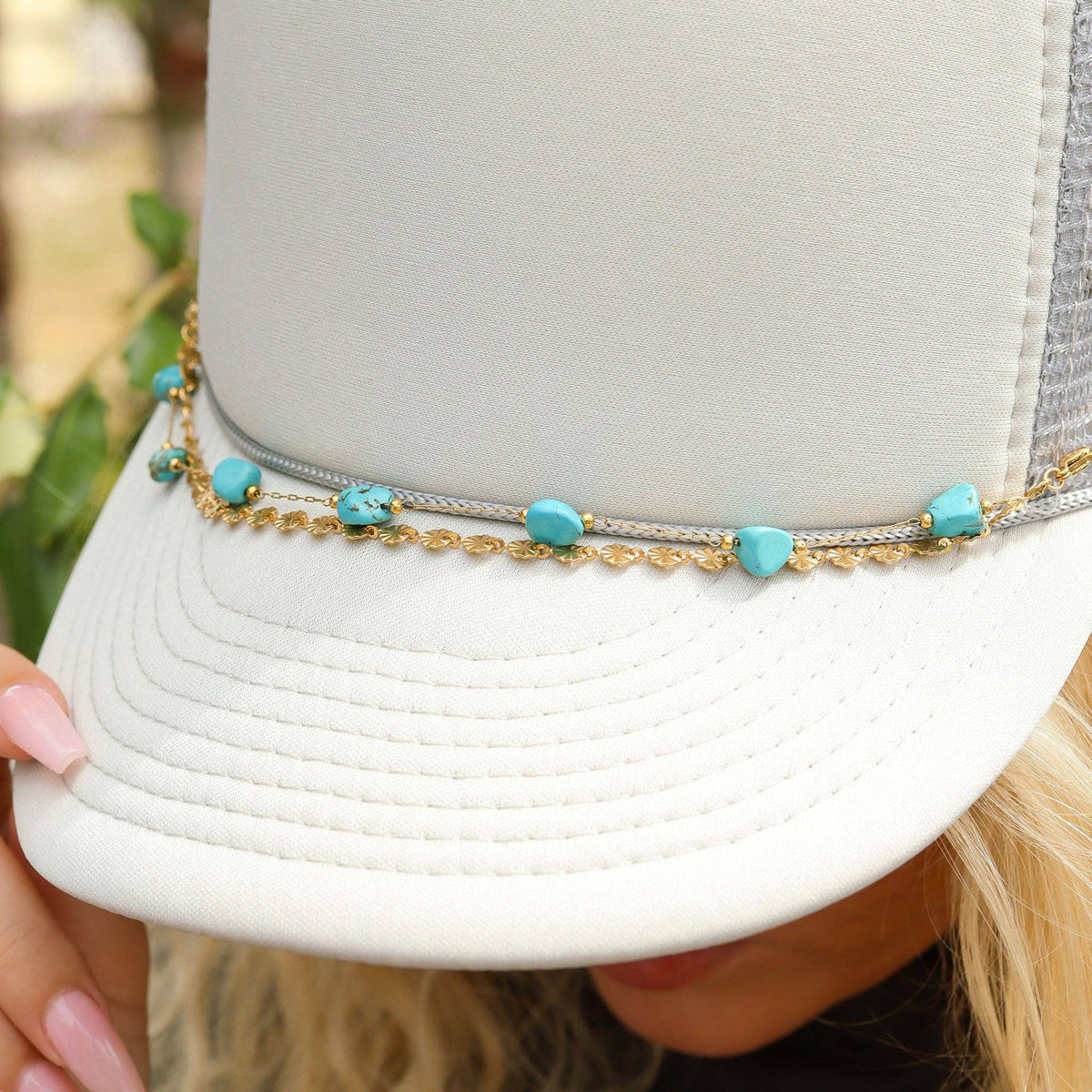 Trucker Hat Chain: Crimped Oval & Turquoise Stone Layered