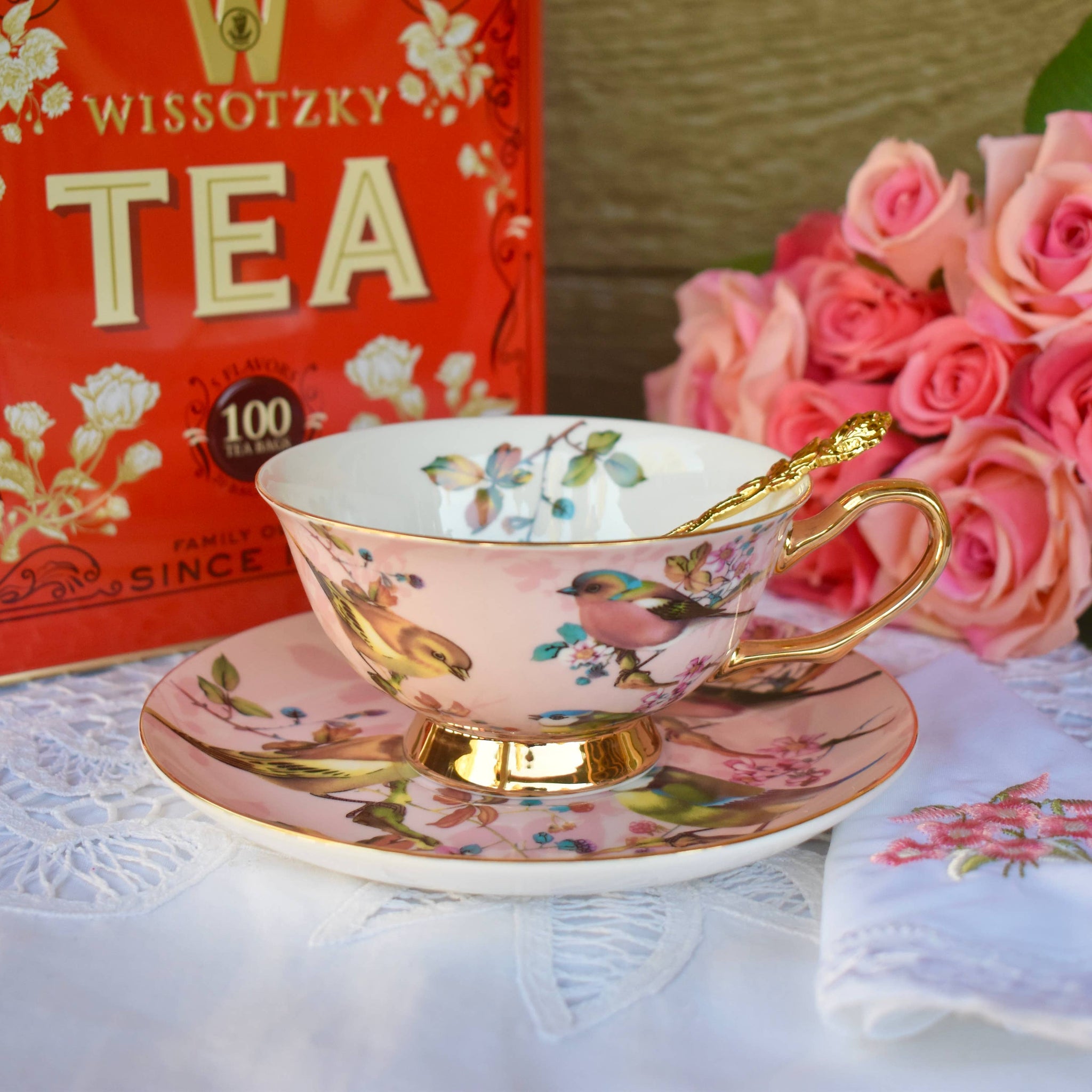 Vintage Garden pink and Gold with Birds Teacup and Saucer