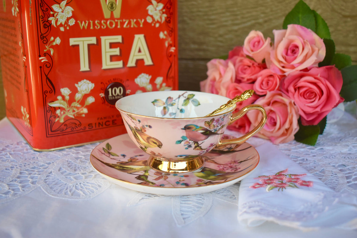 Vintage Garden pink and Gold with Birds Teacup and Saucer