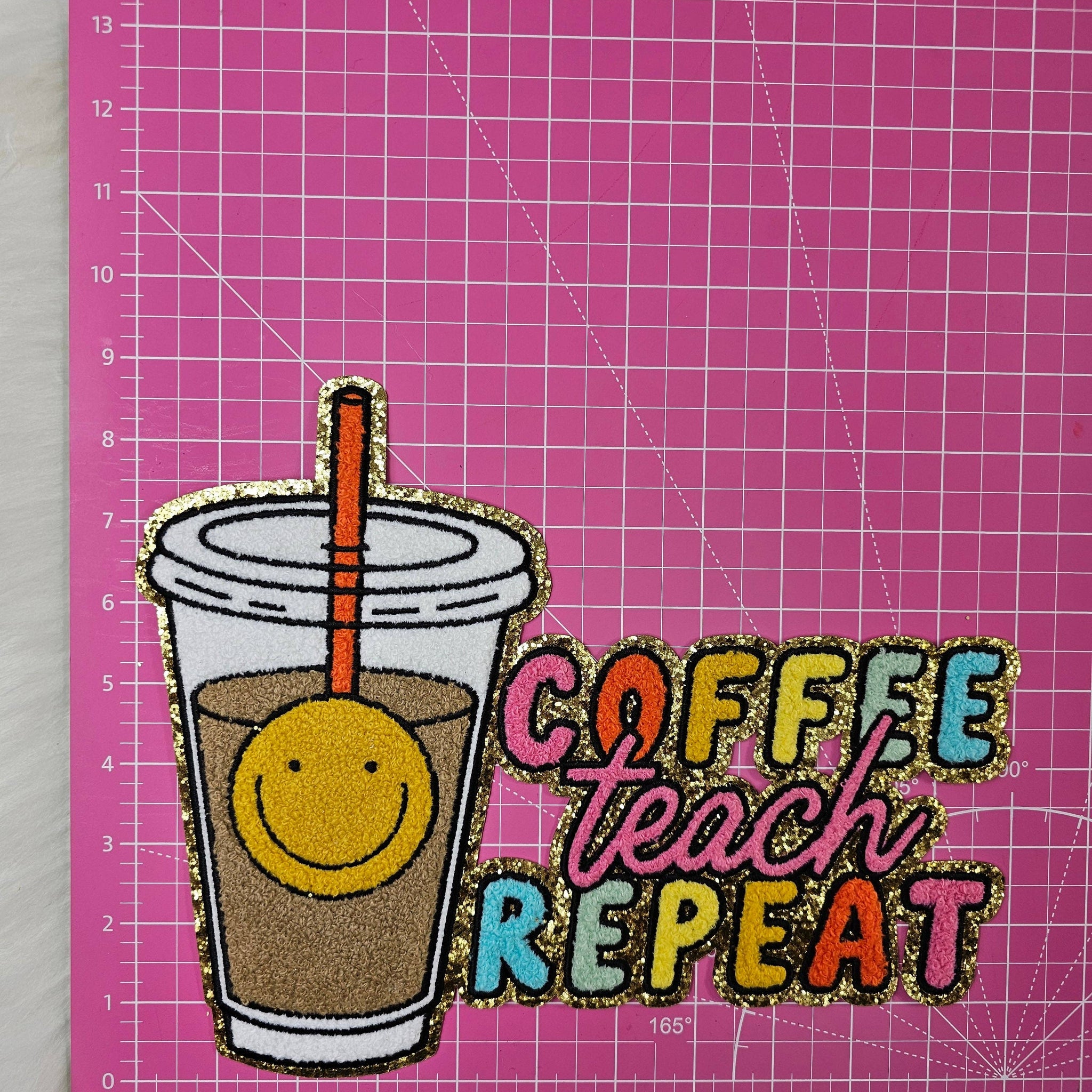 Large Coffee Teach Repeat Chenille Iron-on Patch