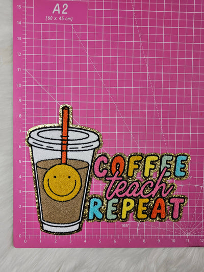 Large Coffee Teach Repeat Chenille Iron-on Patch