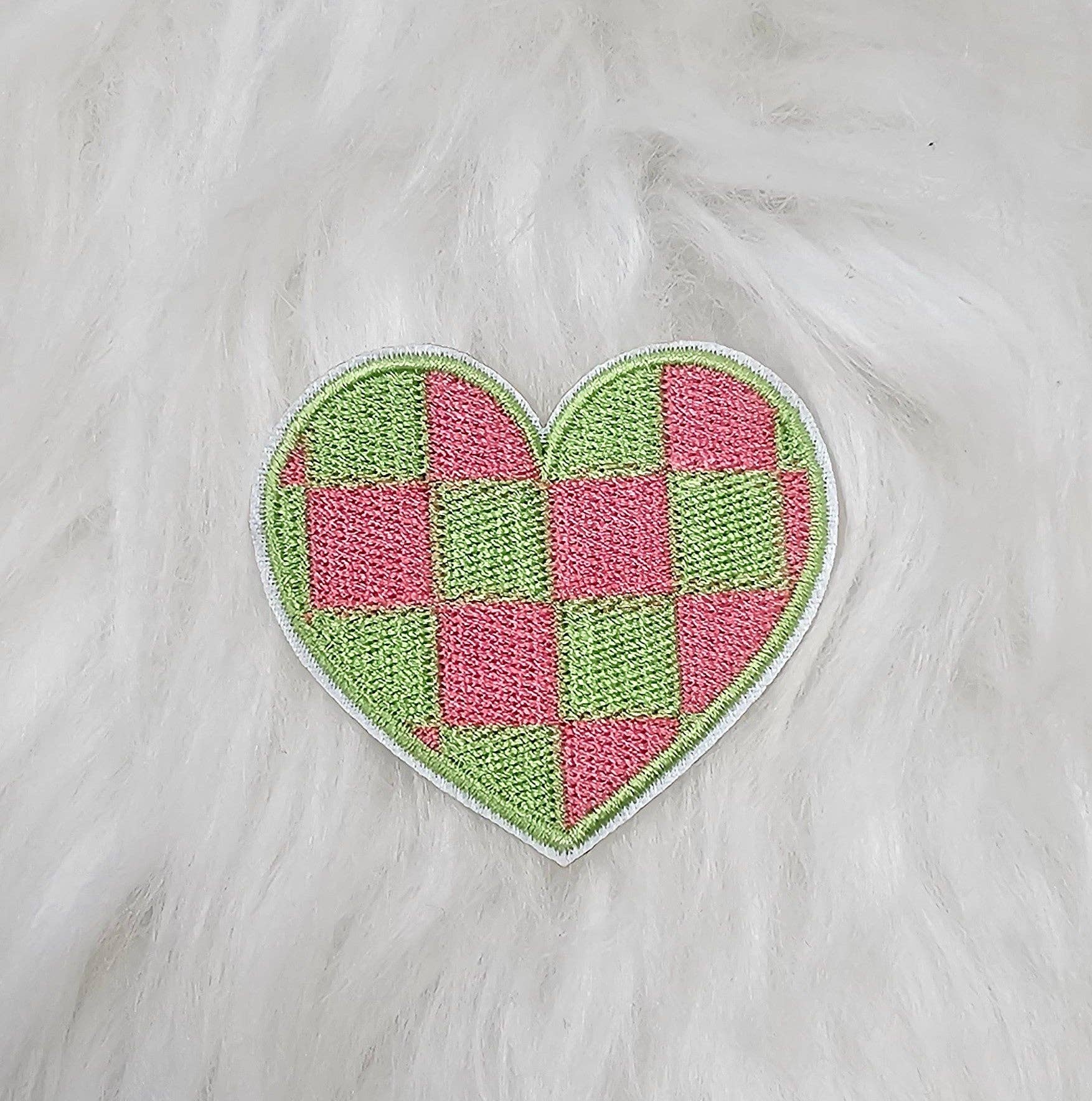 Checkered Green and Pink Heart Embroidery Iron On Patches