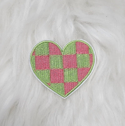 Checkered Green and Pink Heart Embroidery Iron On Patches
