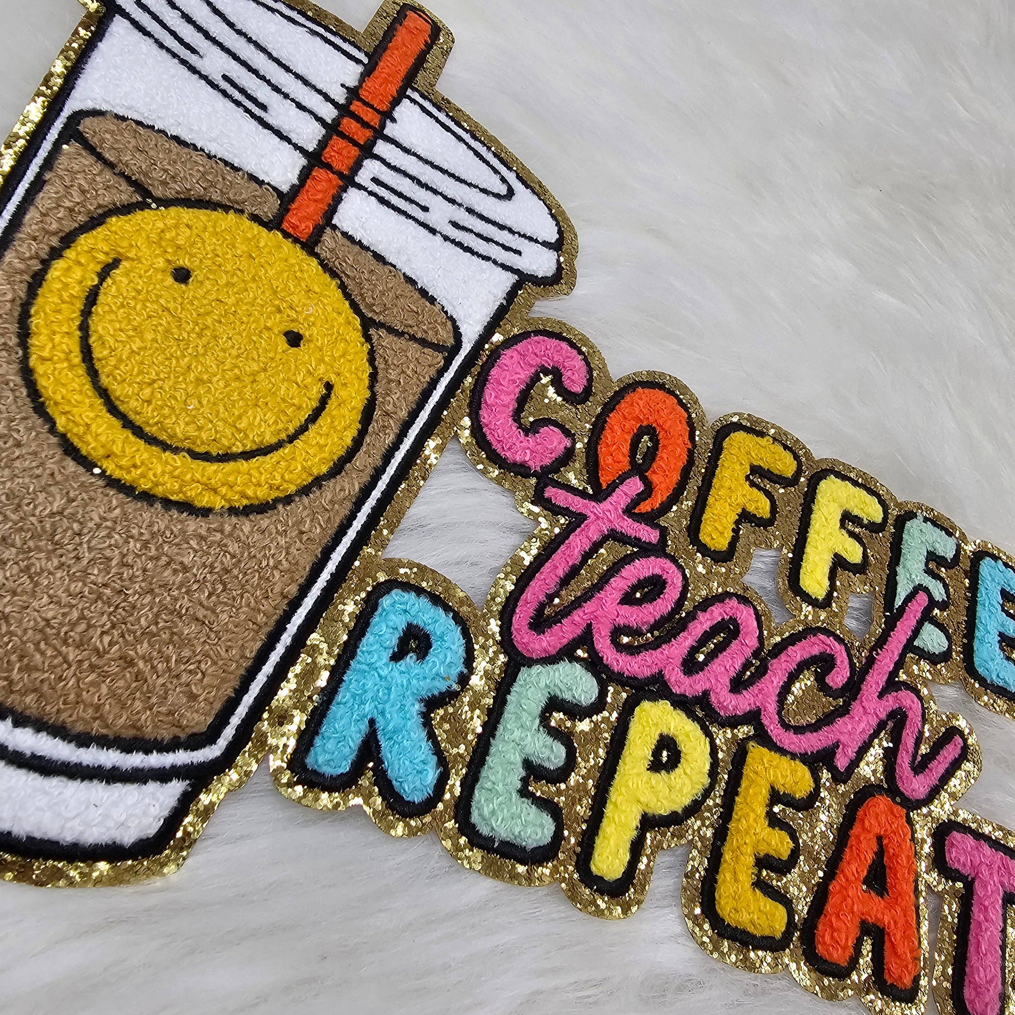 Large Coffee Teach Repeat Chenille Iron-on Patch