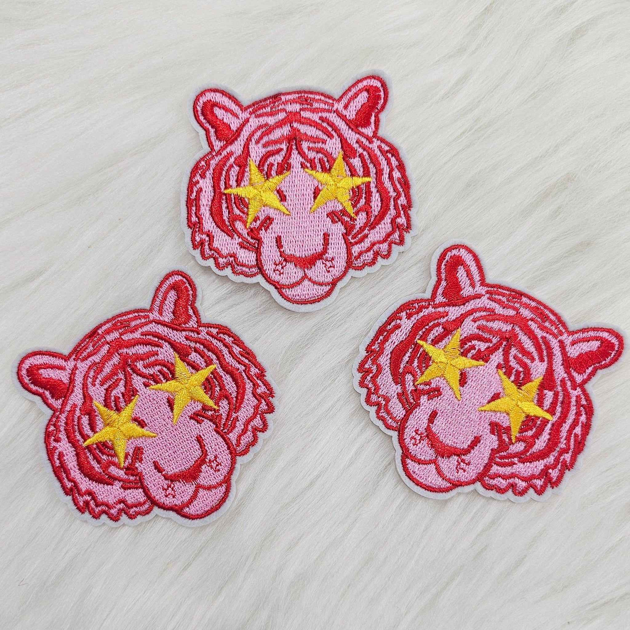 Small Pink Tiger Mascot with Star Eyes Embroidery Iron On Patch