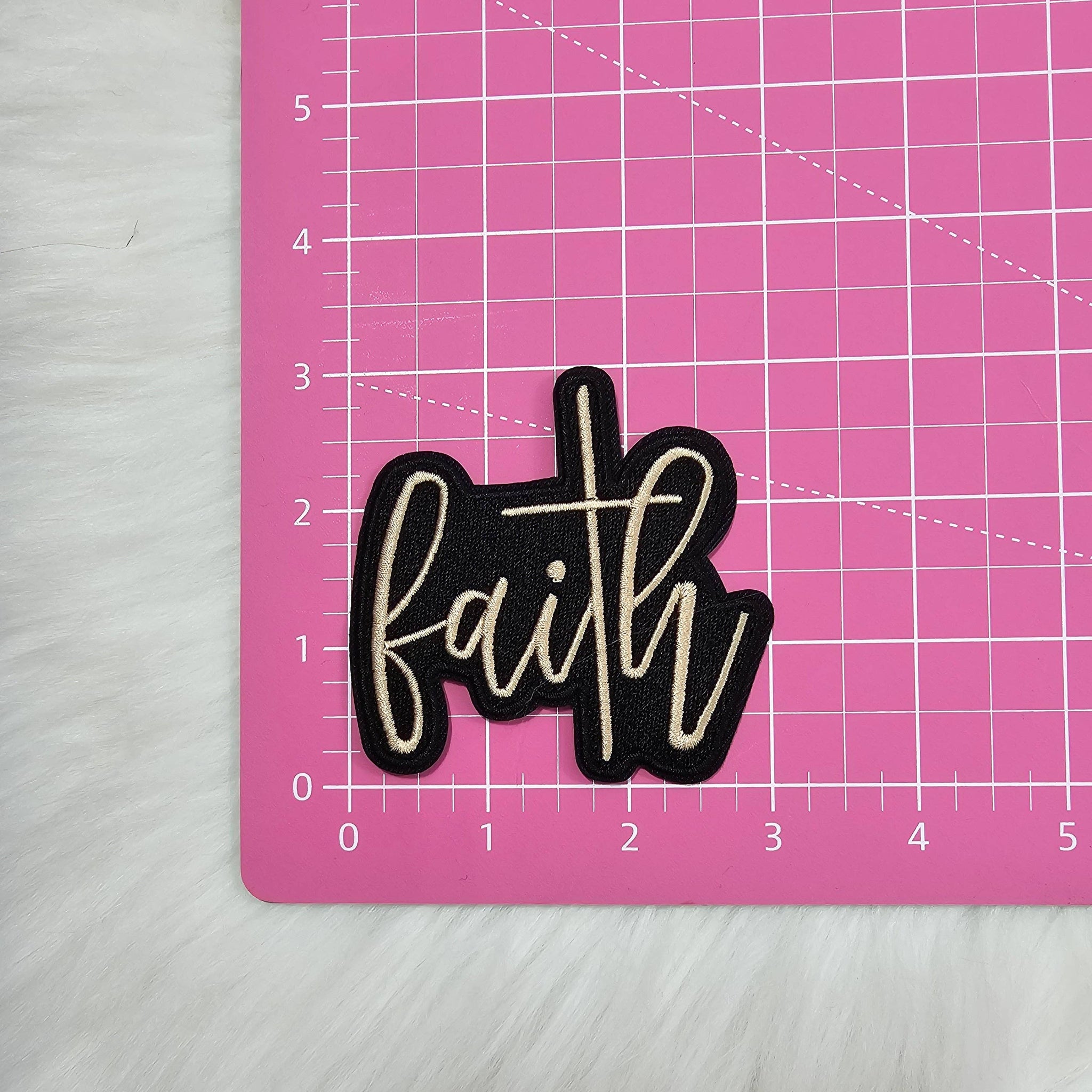 'Faith' with Cross in Black and Tan Woven Embroidery Iron On Patch