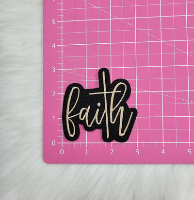 'Faith' with Cross in Black and Tan Woven Embroidery Iron On Patch