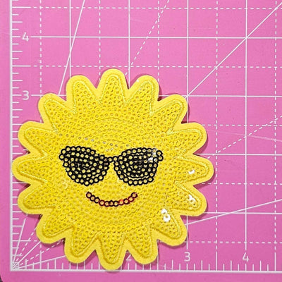 Smiling Sun with Glasses Sequin Iron On Patch
