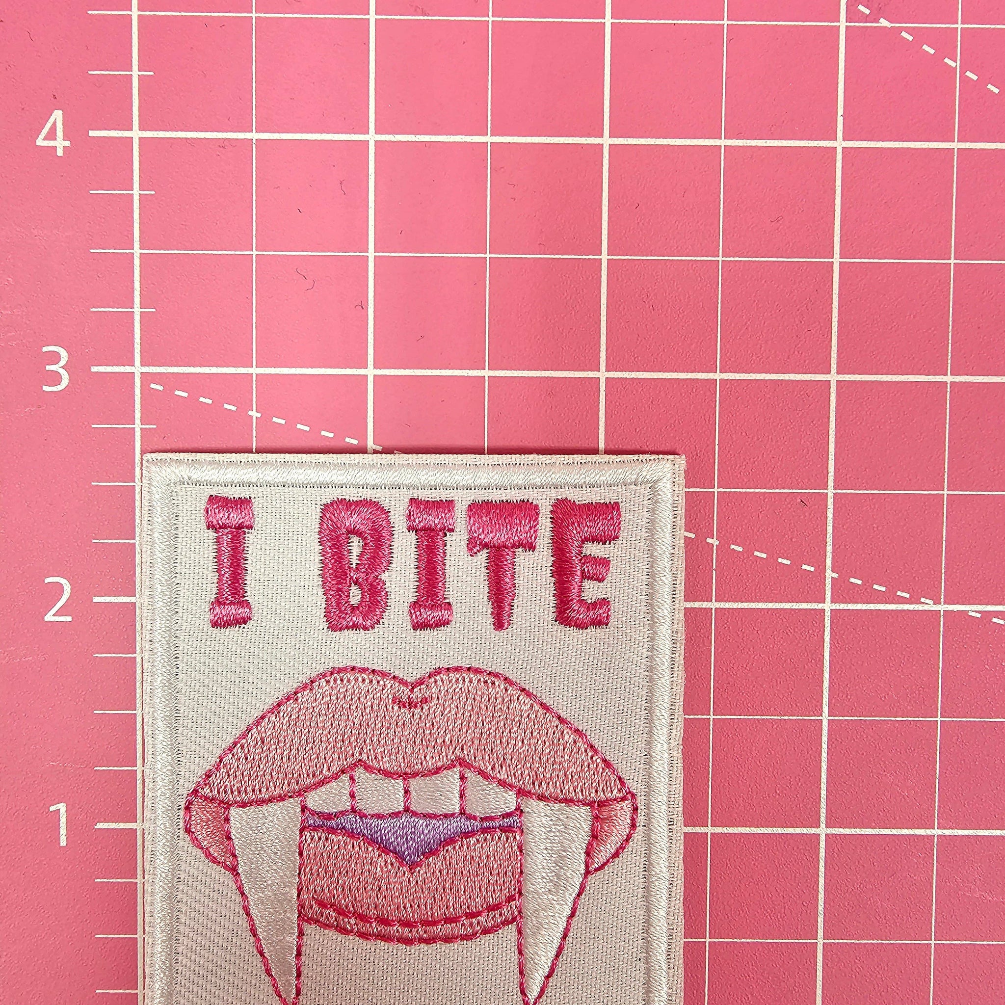 I BITE Pink Fang Vampire Lips Embroidery Iron On Patch