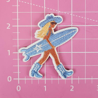 Blue Coastal Cowgirl Beach w/ Surfboard Iron On Patch