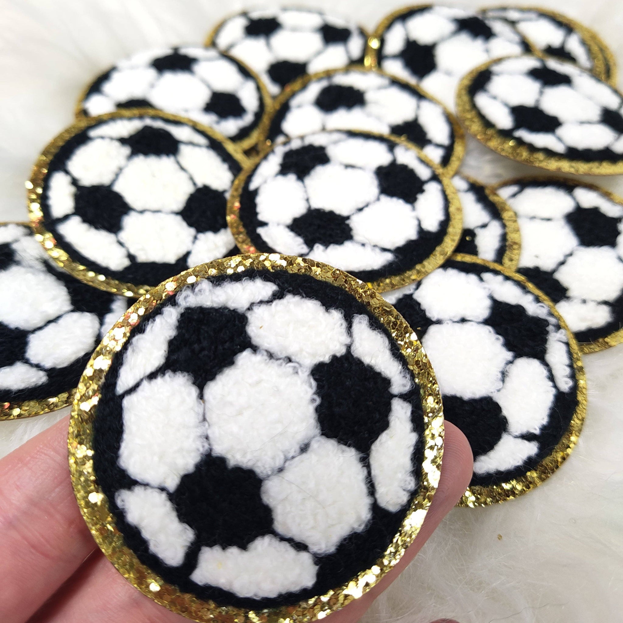 Small Soccer Chenille Glitter Gold Iron On Patch