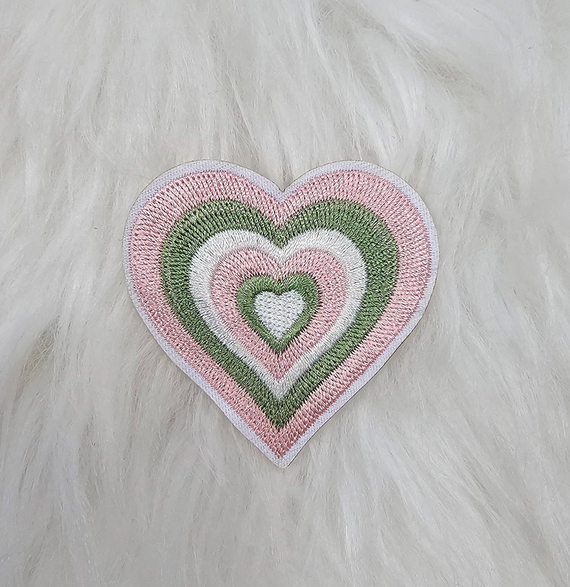 Pastel Green Pink and White Heart Embroidery Iron On Patches