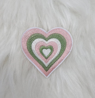 Pastel Green Pink and White Heart Embroidery Iron On Patches