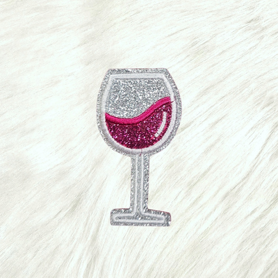 Wine Glass on Silver Glitter Iron On Patch