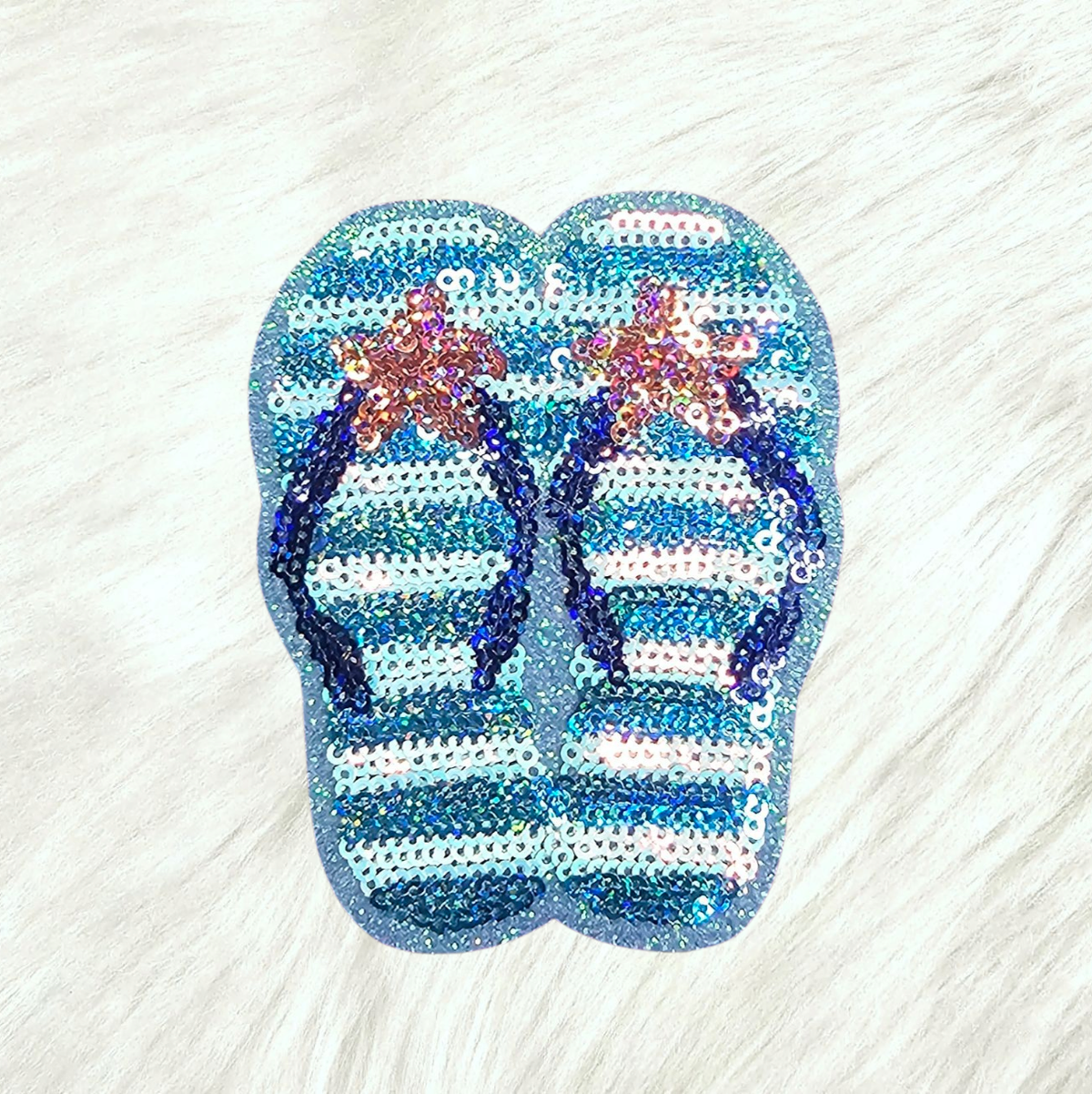 Sandals Flip Flop Sequin Blue Glitter Iron On Patch