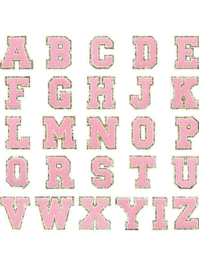 Light Pink Chenille Iron On Gold Glitter Letter Patches