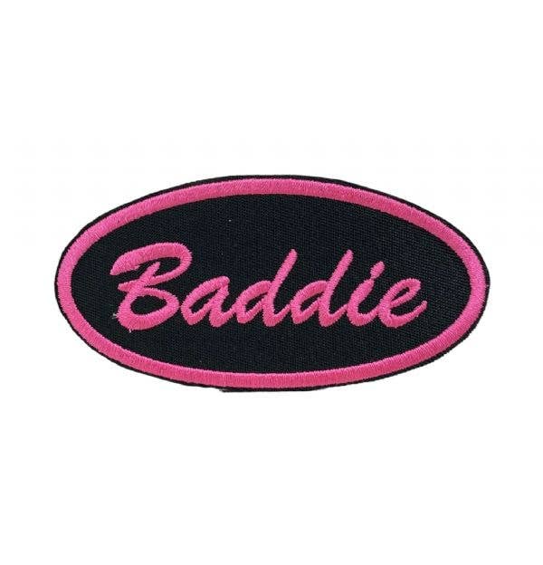 Baddie in Oval Black and Hot Pink, Embroidered, Iron on Patc