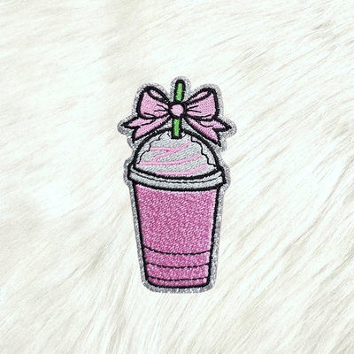 Pink Coffee Coquette Bow on Silver Glitter Iron On Patch