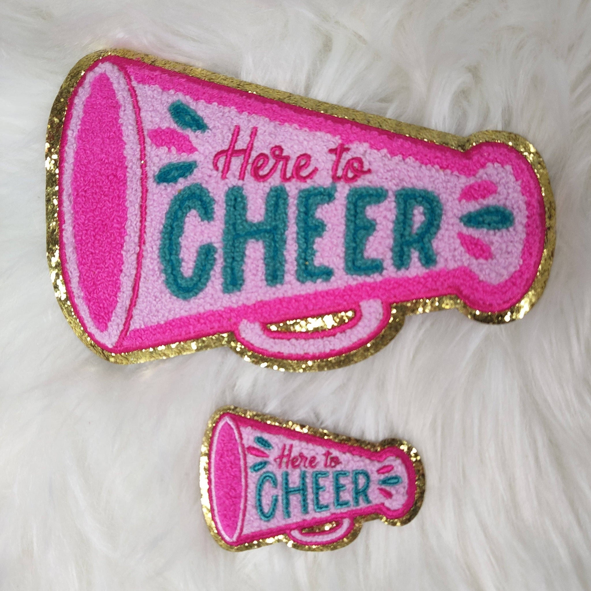 'Here to Cheer' Megaphone Pink Iron On Patch With Gold Glitter