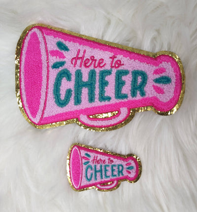 'Here to Cheer' Megaphone Pink Iron On Patch With Gold Glitter