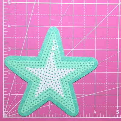 Outline Star Minty Green and White Sequin Iron On Patch