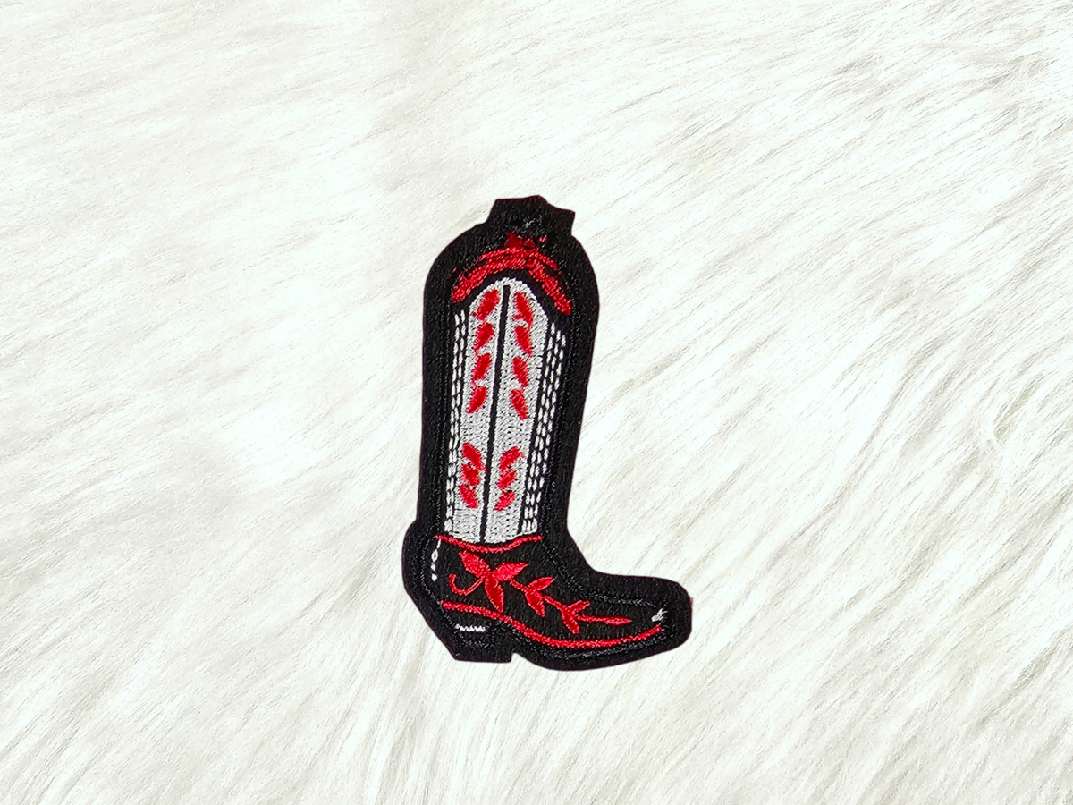 Black Red Cowgirl Boot Felt Embroidery Iron On Patch