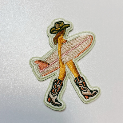 2.5" Cowgirl w Surfboard - Embroidered Hat Patch